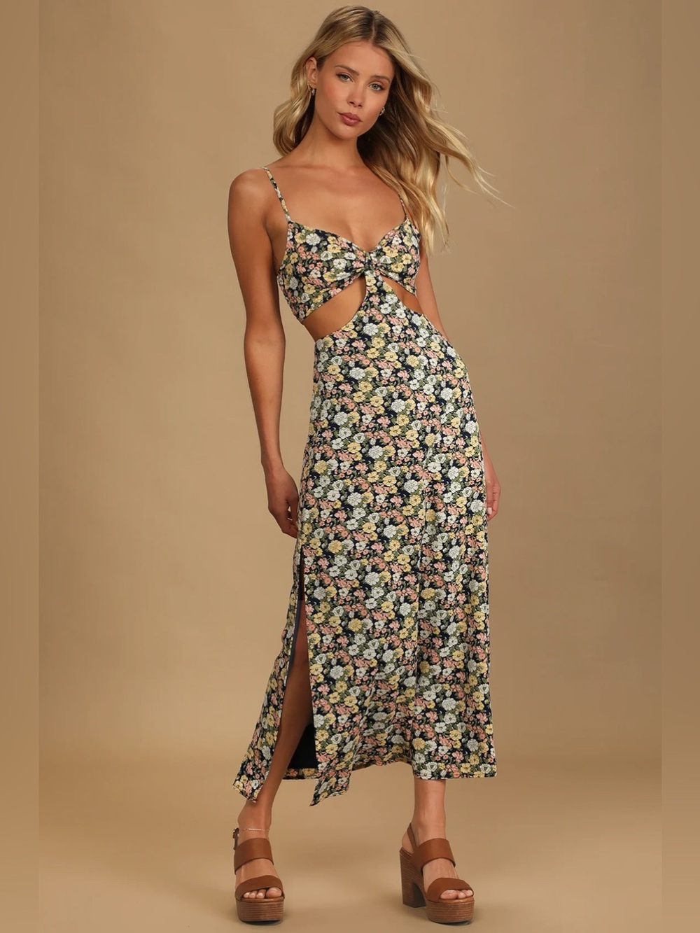 Lulus It's a Perfect Pick Navy Blue Floral Print Cutout Maxi Dress Size Large